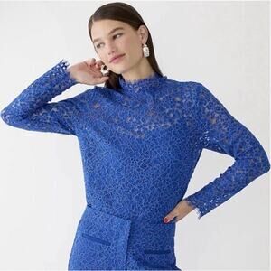 J Crew Scalloped Lace Mockneck Top Blue Preppy Work Office NWT Womens Size 24